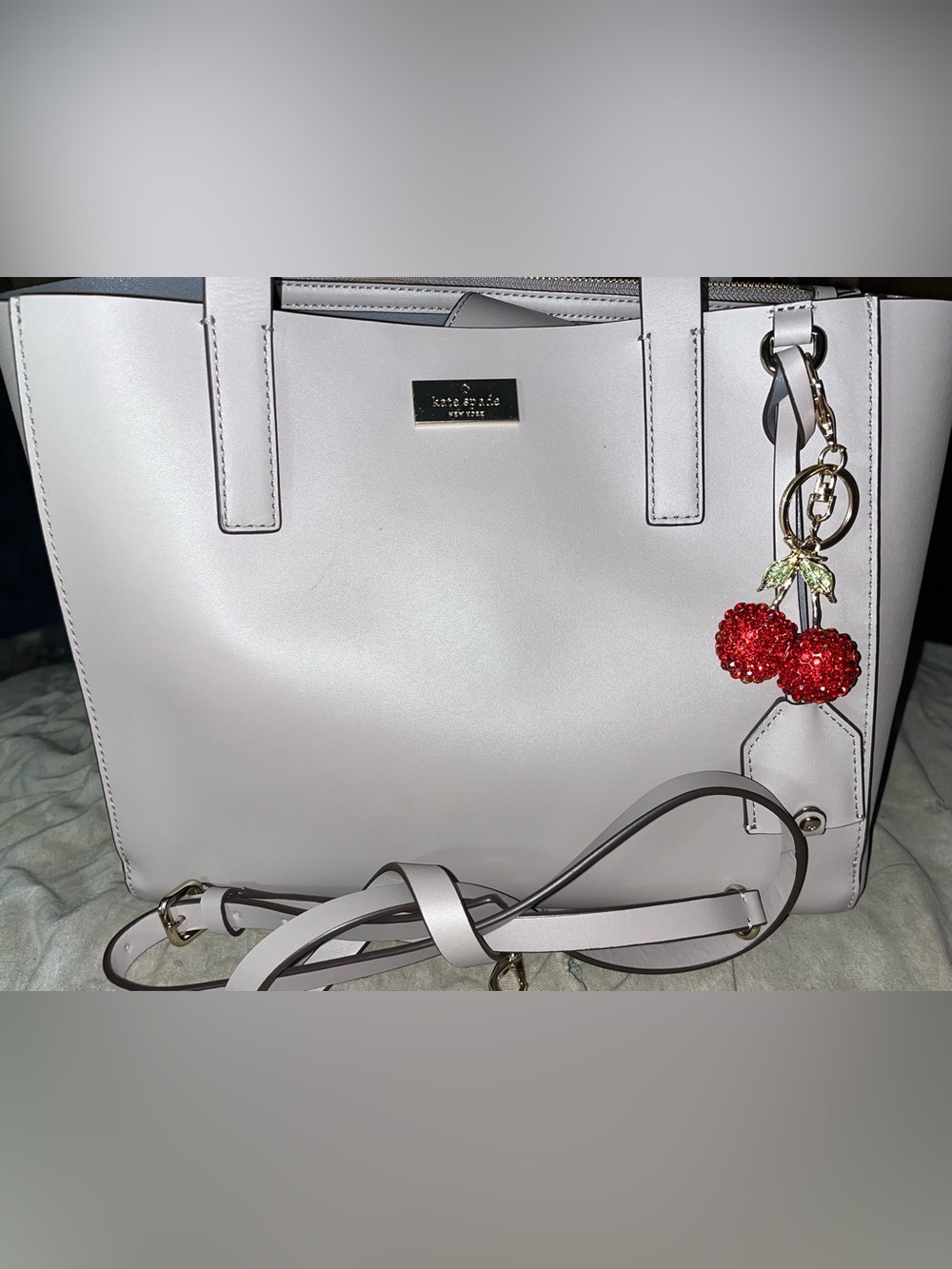 kate Spade EUC Gray Lilac Leather With Cherries Bag Charm